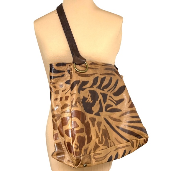 bag tote shoulder large MONTINI leather brown tan sack travel 18x14x12 unlined - Picture 4 of 16